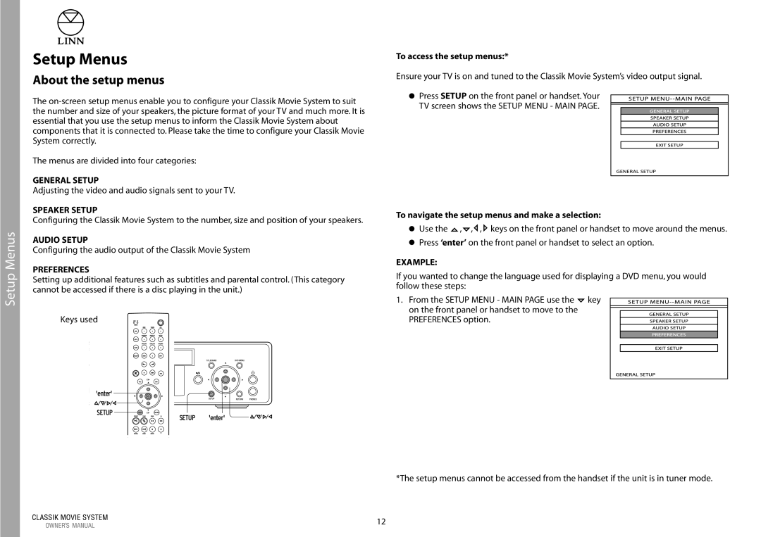 Linn Linn Classic Movie System manual Setup Menus, About the setup menus 