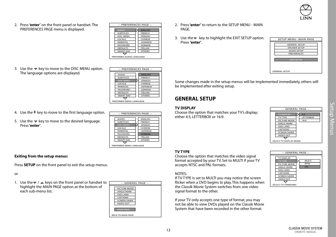 Linn Linn Classic Movie System manual Exiting from the setup menus, TV Display, TV Type 