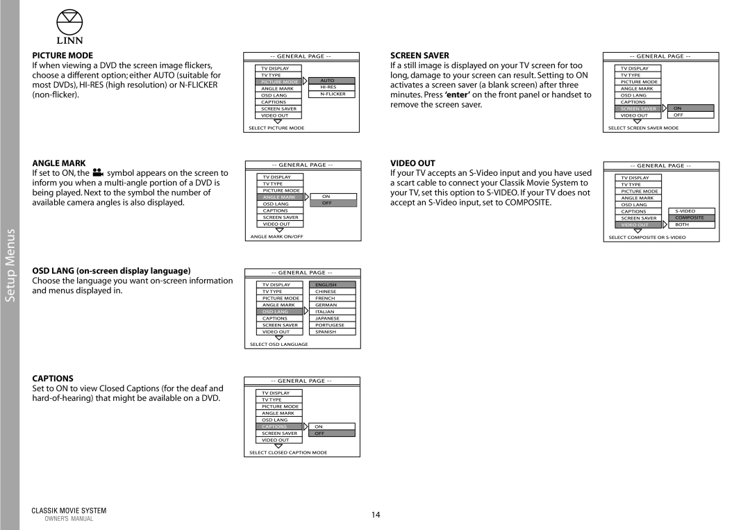 Linn Linn Classic Movie System manual Picture Mode, Angle Mark, Captions, Screen Saver, Video OUT 