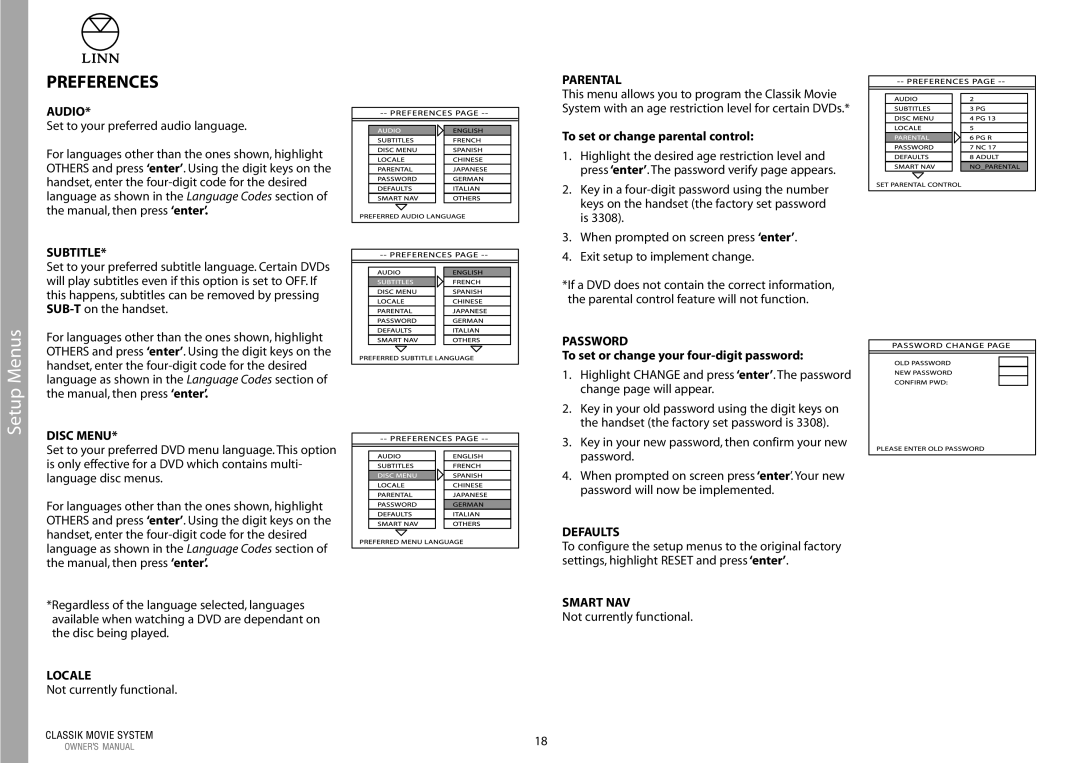 Linn Linn Classic Movie System manual Audio, Subtitle, Disc Menu, Locale, Parental, Password, Defaults, Smart NAV 