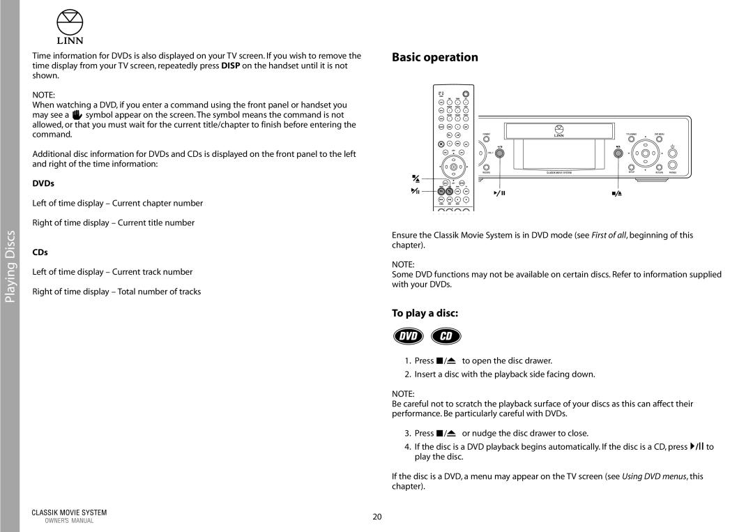 Linn Linn Classic Movie System manual Basic operation, To play a disc, DVDs, CDs 