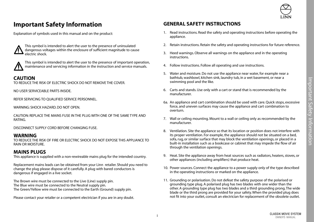 Linn Linn Classic Movie System manual Important Safety Information, Mains Plugs 