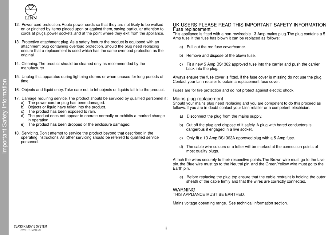 Linn Linn Classic Movie System manual Mains plug replacement, This Appliance Must be Earthed 