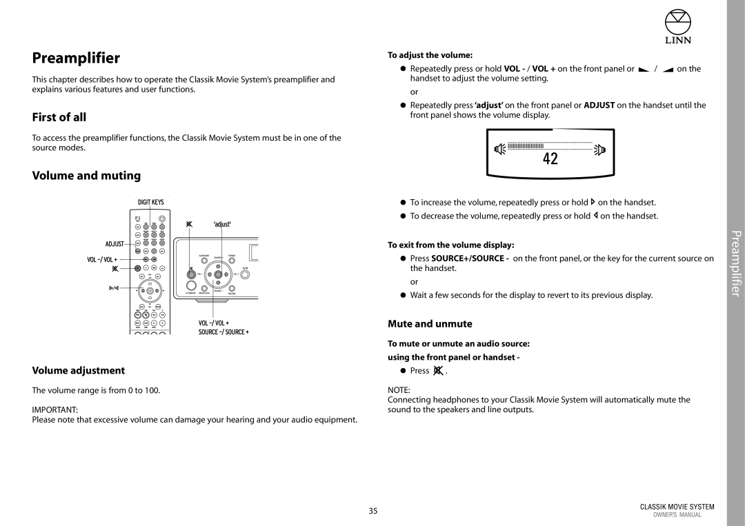 Linn Linn Classic Movie System manual Preamplifier, Volume and muting, Volume adjustment, Mute and unmute 