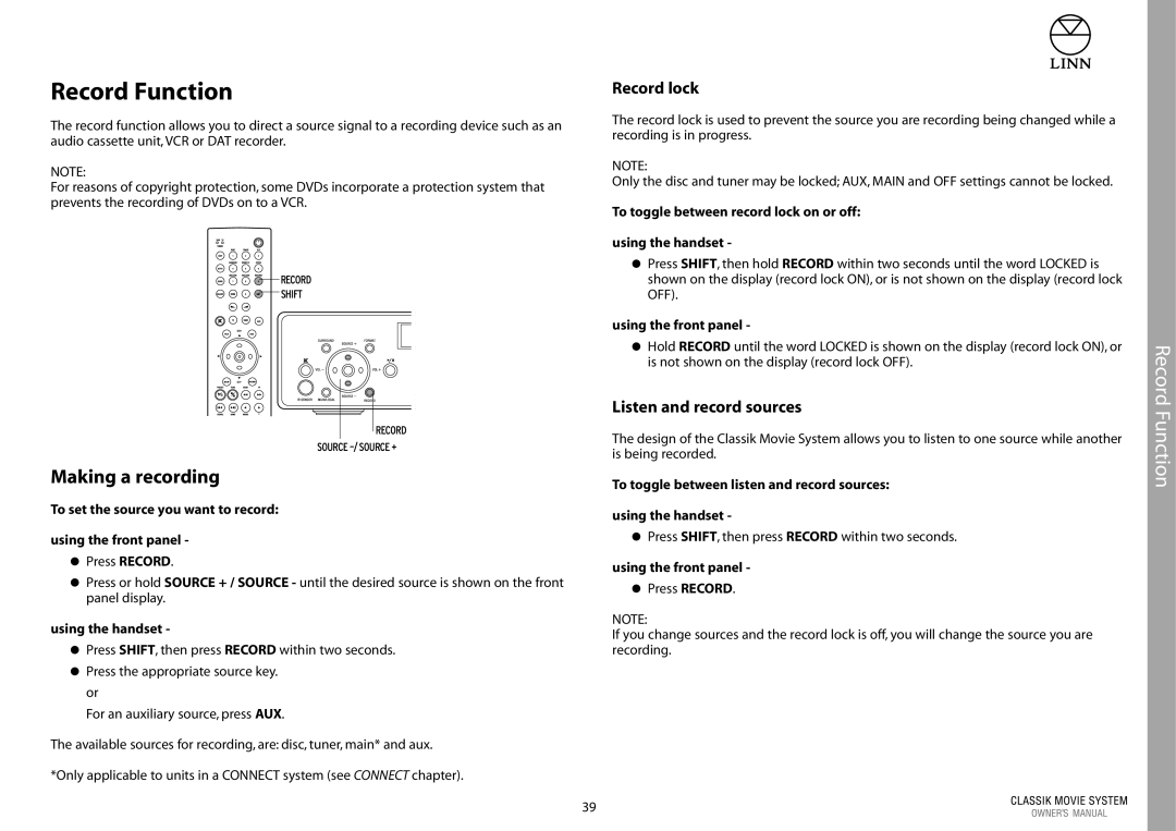 Linn Linn Classic Movie System manual Record Function, Making a recording, Record lock, Listen and record sources 