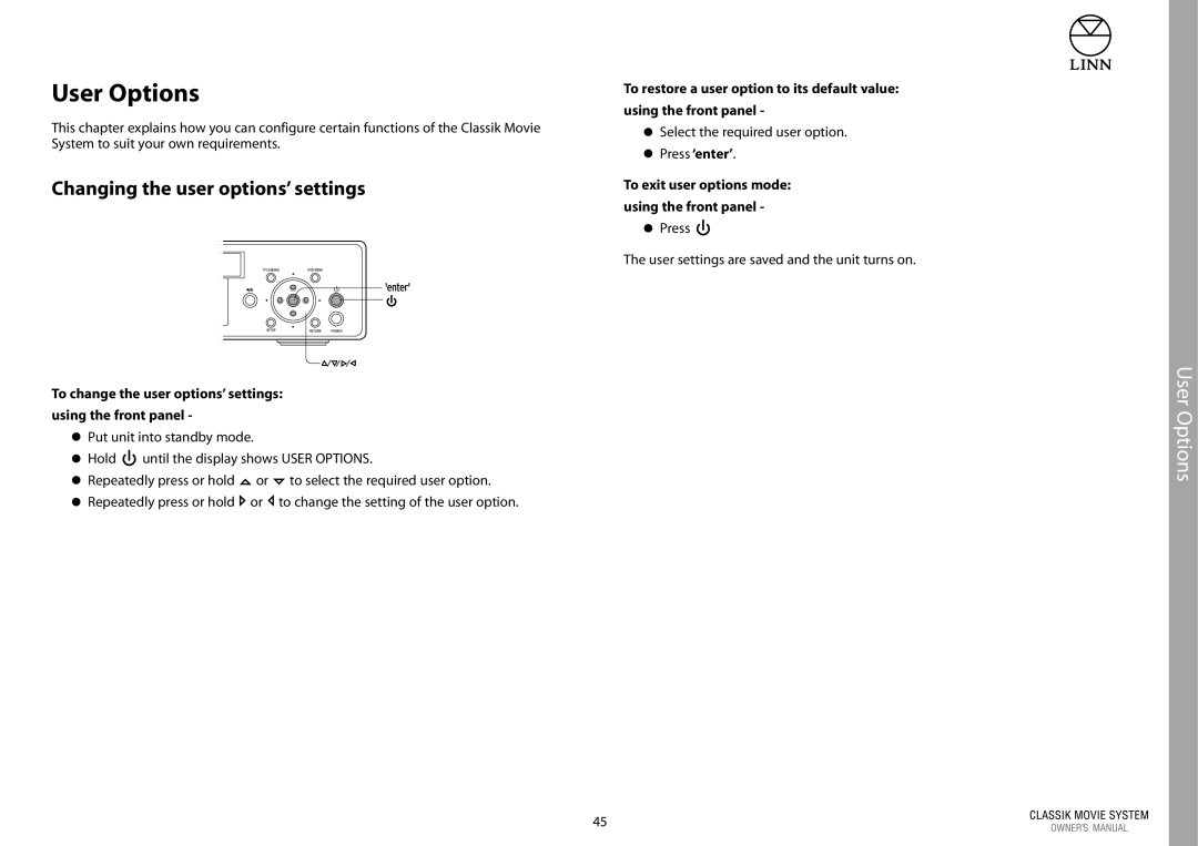 Linn Linn Classic Movie System manual User Options, Changing the user options’ settings 