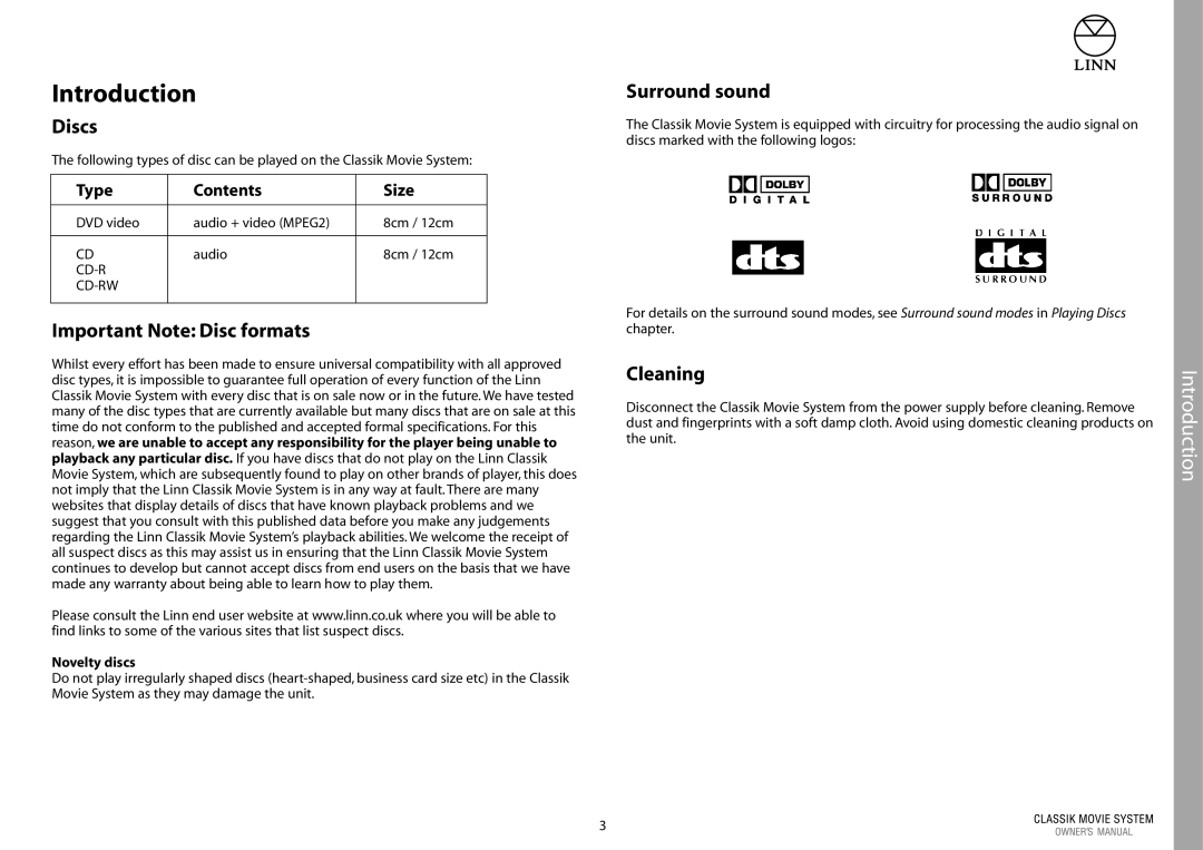 Linn Linn Classic Movie System manual Introduction, Discs, Important Note Disc formats, Surround sound, Cleaning 