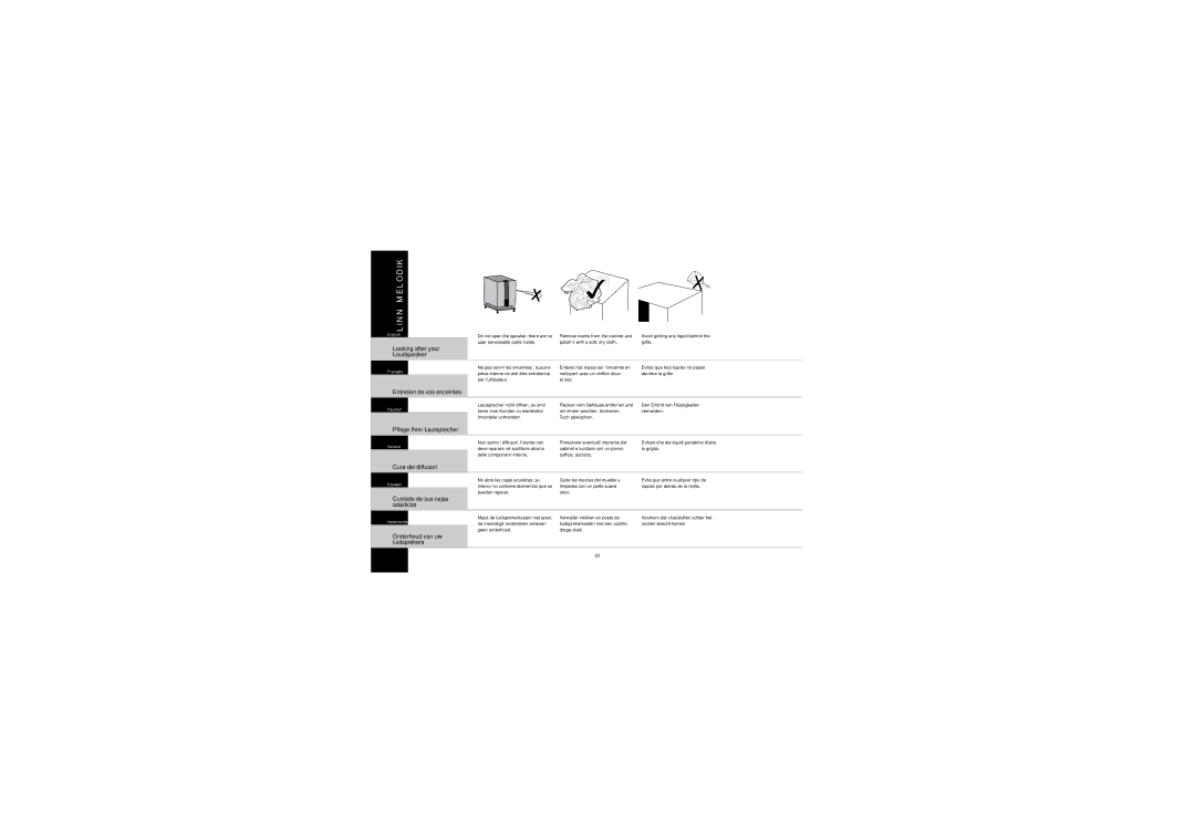 Linn Linn Melodik owner manual Looking after your Loudspeaker, Entretien de vos enceintes, Pflege Ihrer Lautsprecher 