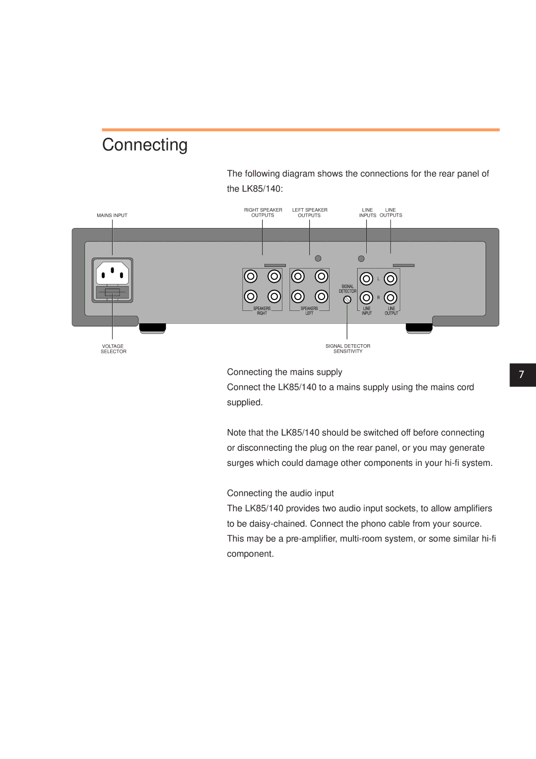 Linn LK140, LK85 owner manual Connecting the mains supply, Connecting the audio input 