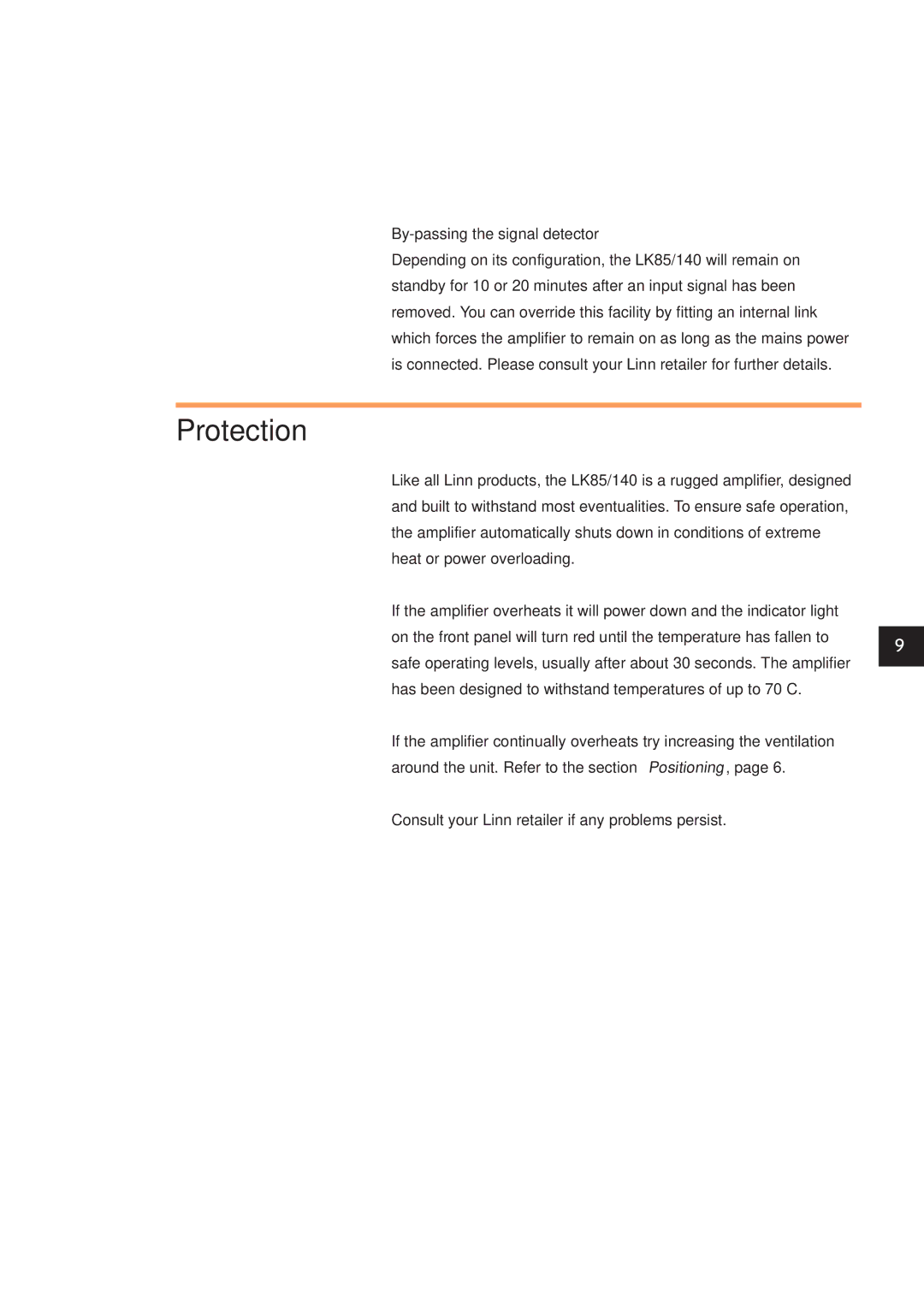 Linn LK140, LK85 owner manual Protection, By-passing the signal detector 