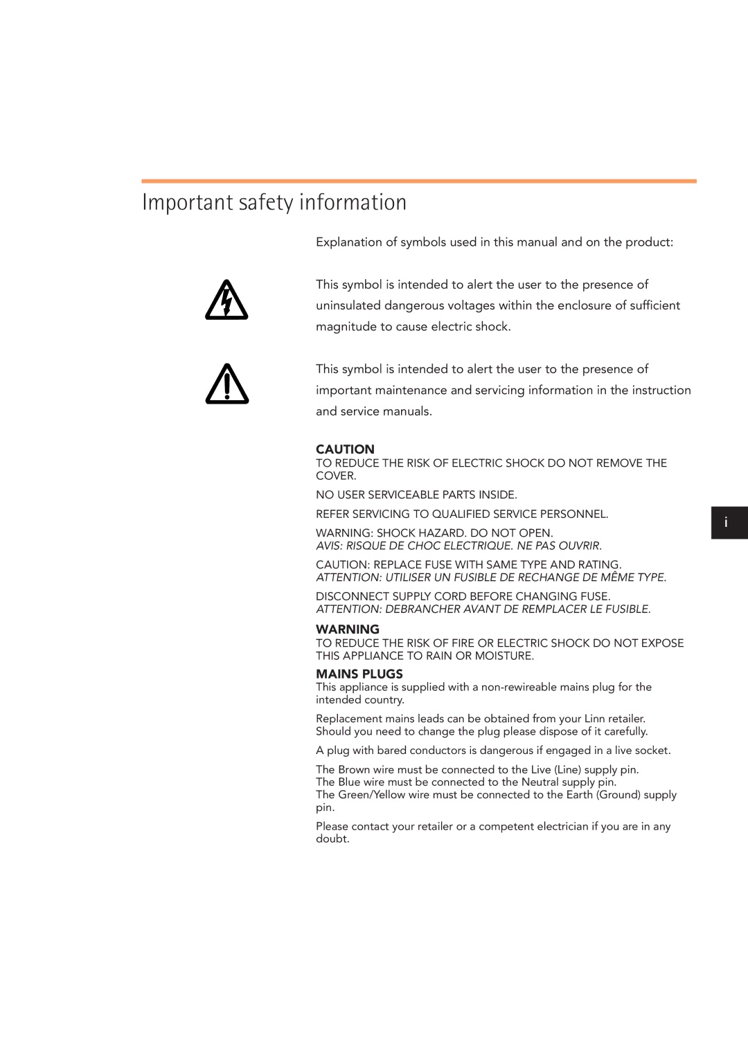 Linn LK140, LK85 owner manual Important safety information, Avis Risque DE Choc ELECTRIQUE. NE PAS Ouvrir 