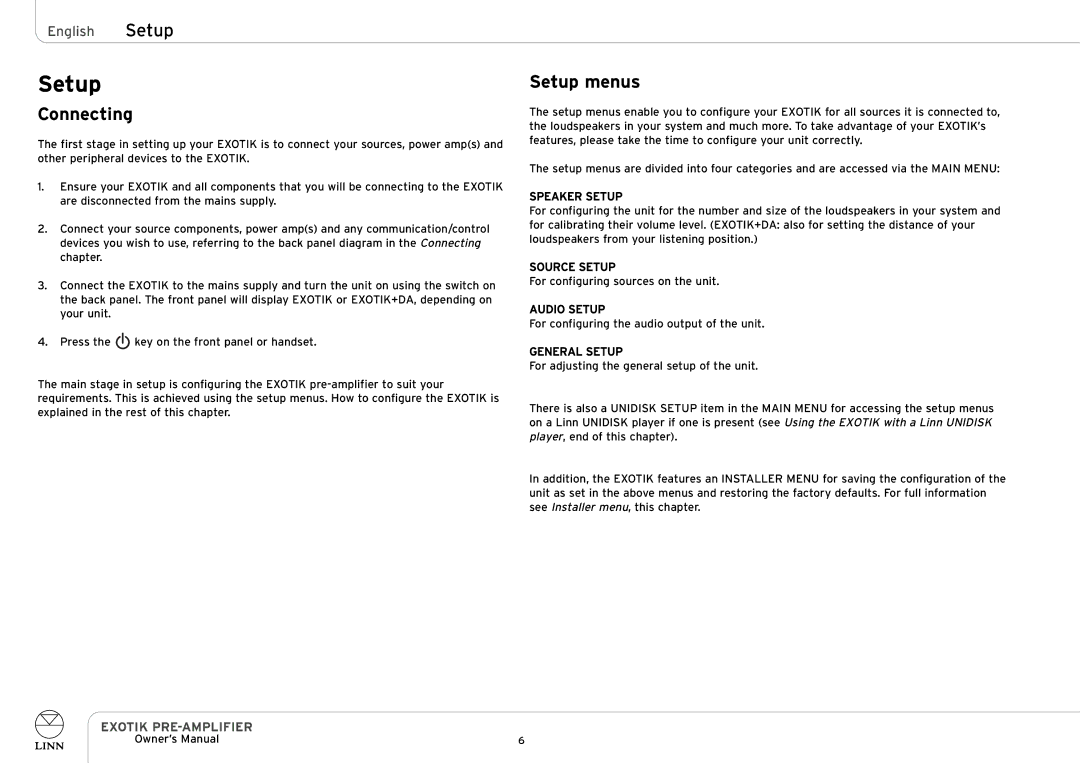 Linn PRE-AMPLIFIER owner manual Setup menus 