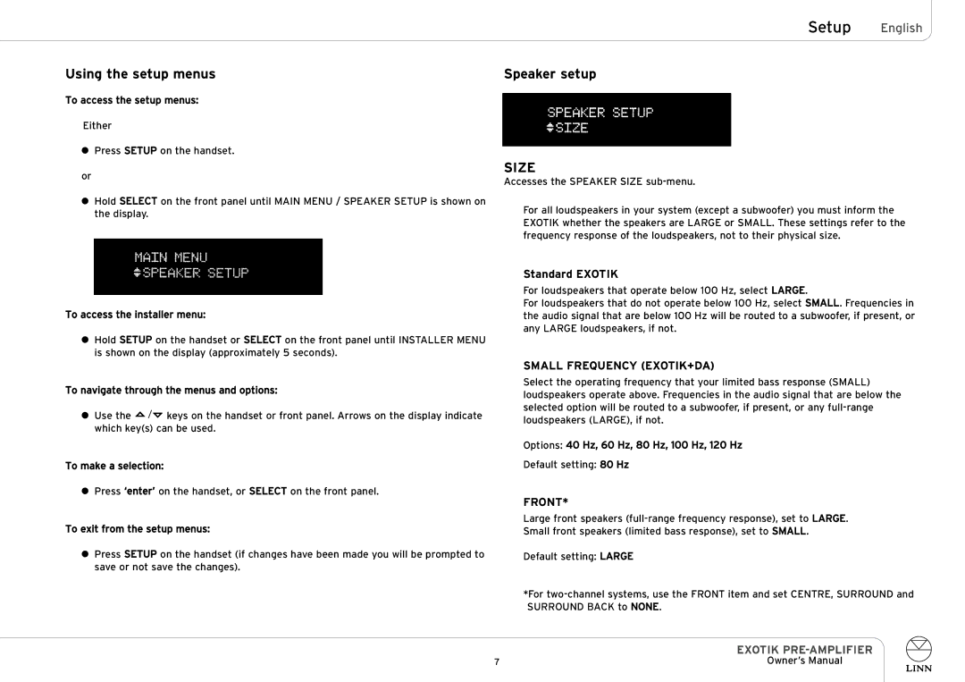 Linn PRE-AMPLIFIER owner manual Using the setup menus, Speaker setup, Size, Small Frequency EXOTIK+DA, Front 