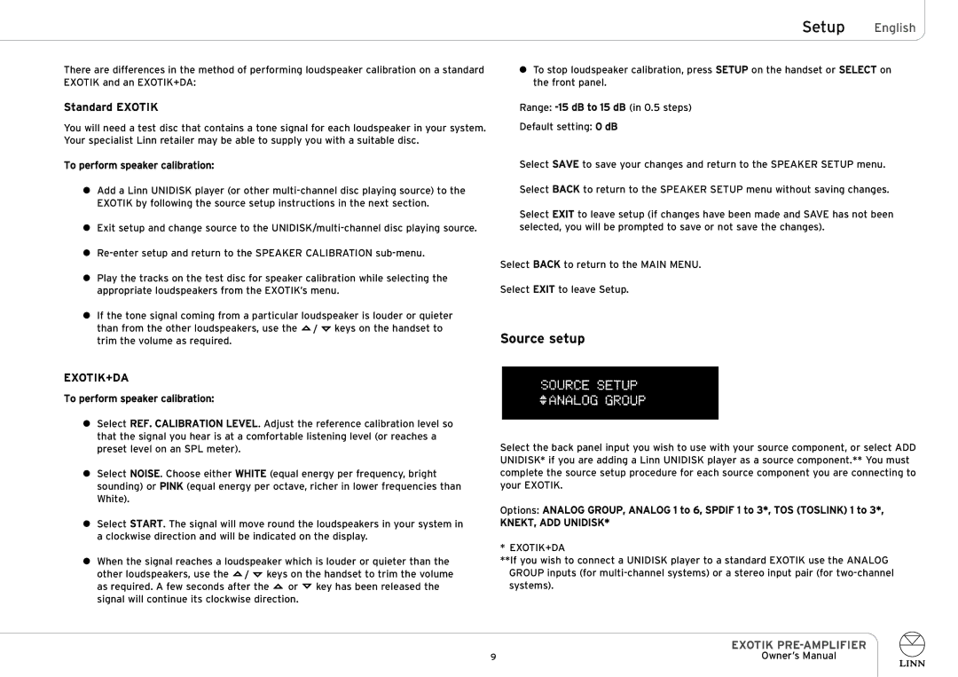 Linn PRE-AMPLIFIER owner manual Source setup, Exotik+Da 