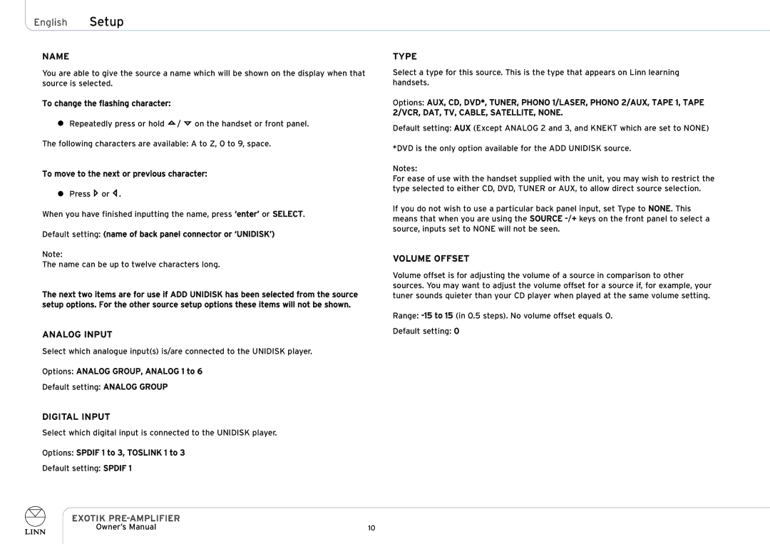 Linn PRE-AMPLIFIER owner manual Name, Analog Input, Digital Input, Type, Volume Offset 