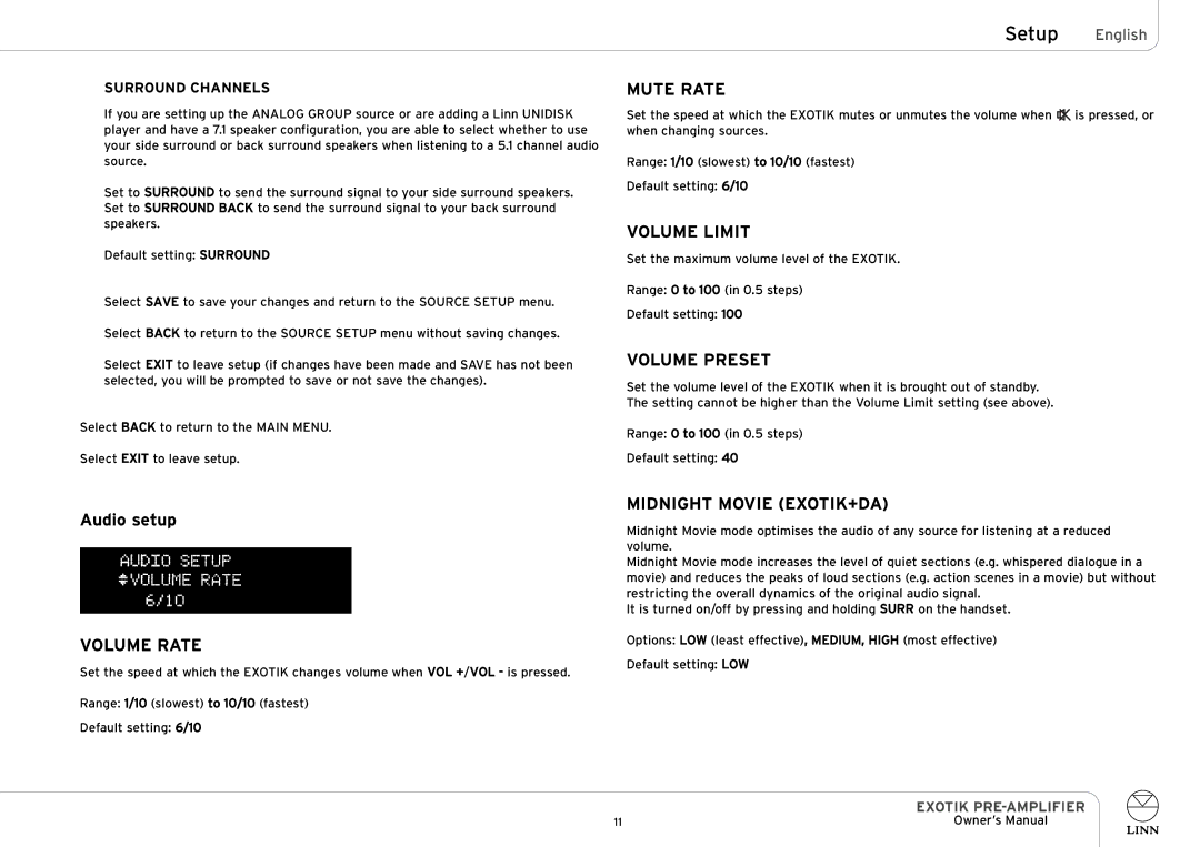 Linn PRE-AMPLIFIER owner manual Mute Rate, Volume Limit, Volume Preset, Volume Rate, Midnight Movie EXOTIK+DA 