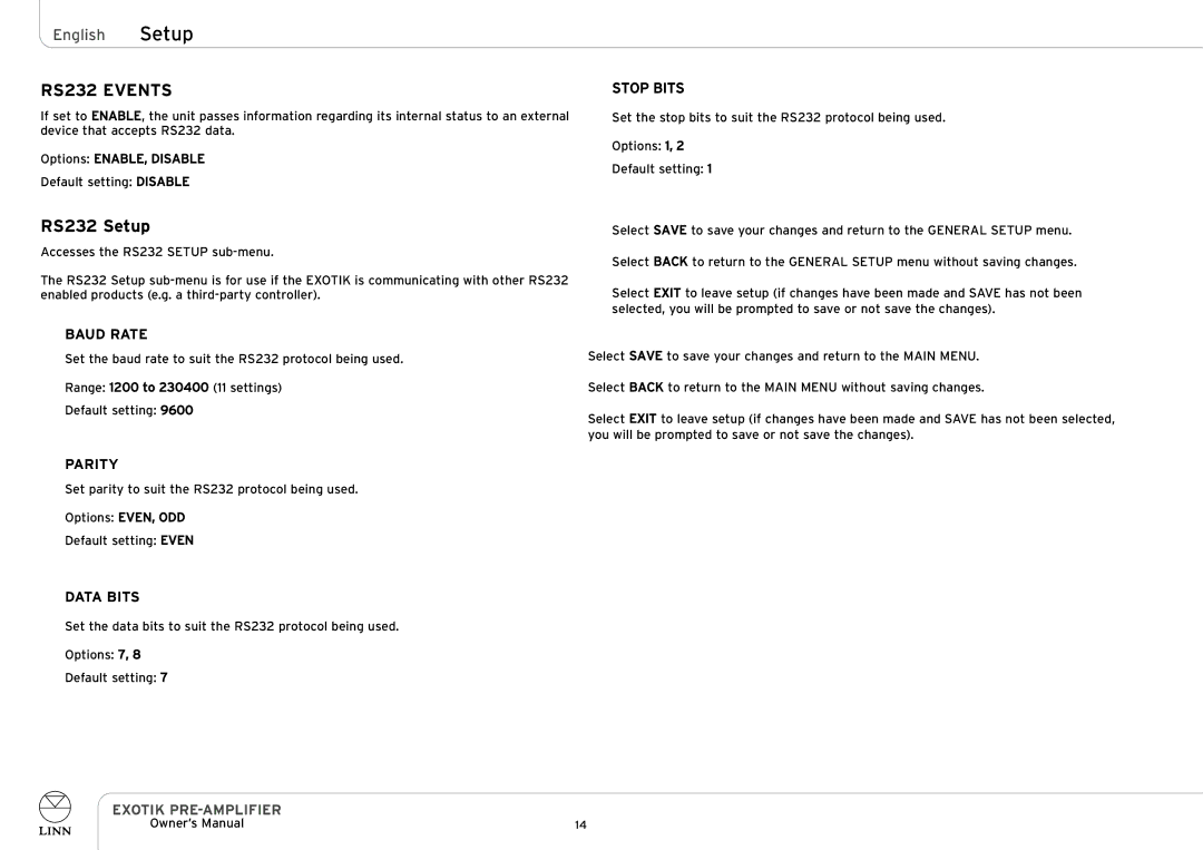 Linn PRE-AMPLIFIER owner manual RS232 Events, RS232 Setup, Baud Rate, Parity, Data Bits 