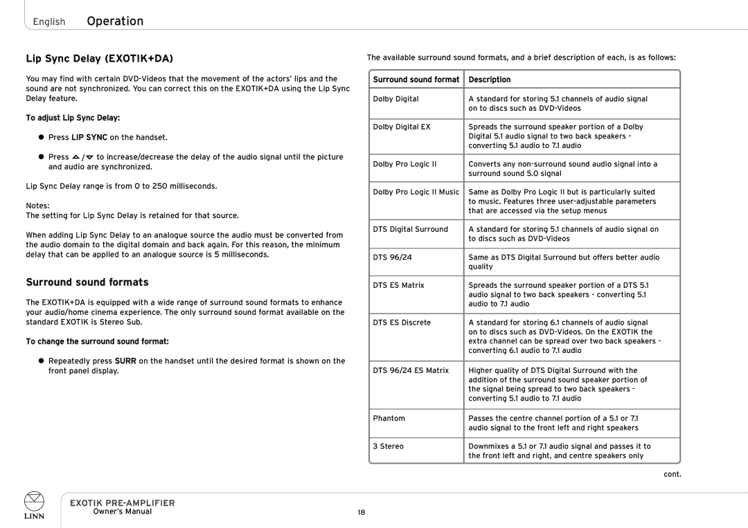 Linn PRE-AMPLIFIER owner manual English Operation, Lip Sync Delay EXOTIK+DA, Surround sound formats 