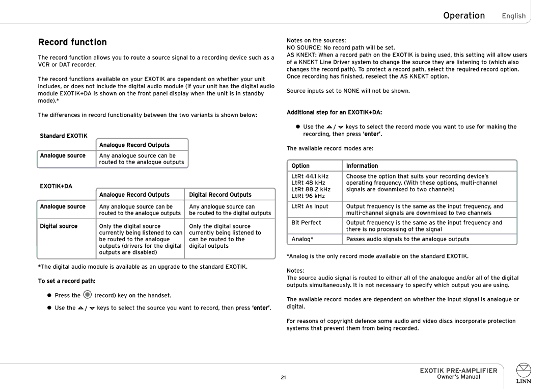 Linn PRE-AMPLIFIER owner manual Record function 