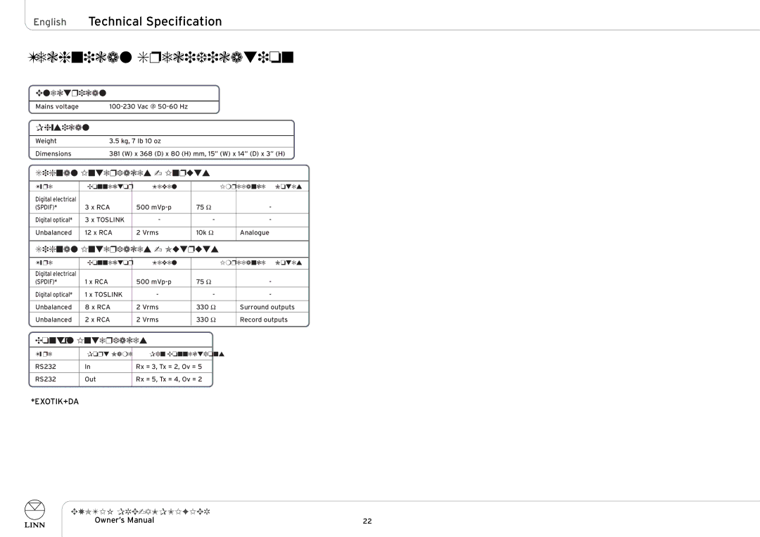 Linn PRE-AMPLIFIER owner manual English Technical Specification 