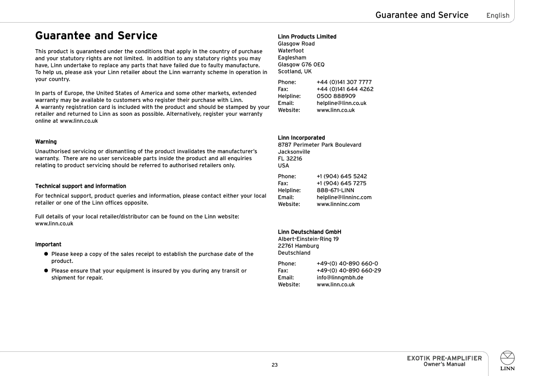 Linn PRE-AMPLIFIER owner manual Guarantee and Service 