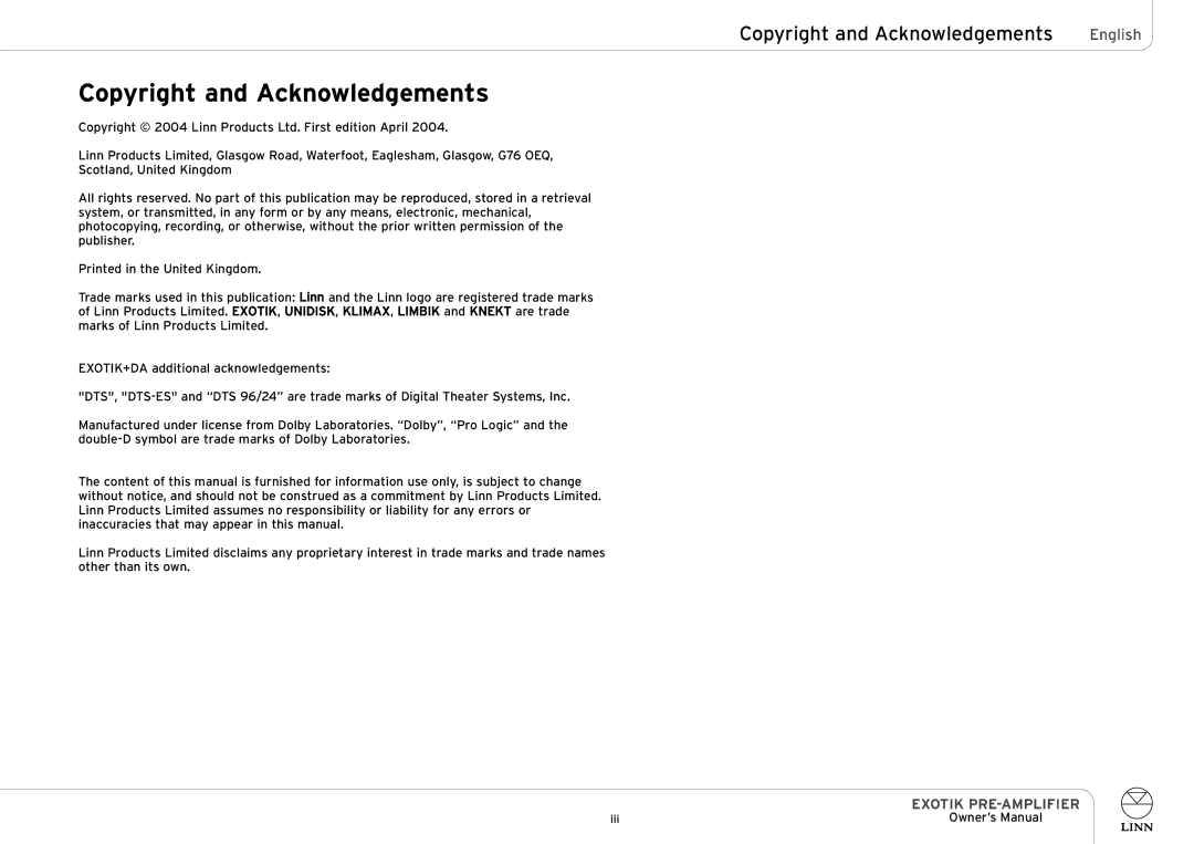 Linn PRE-AMPLIFIER owner manual Copyright and Acknowledgements 