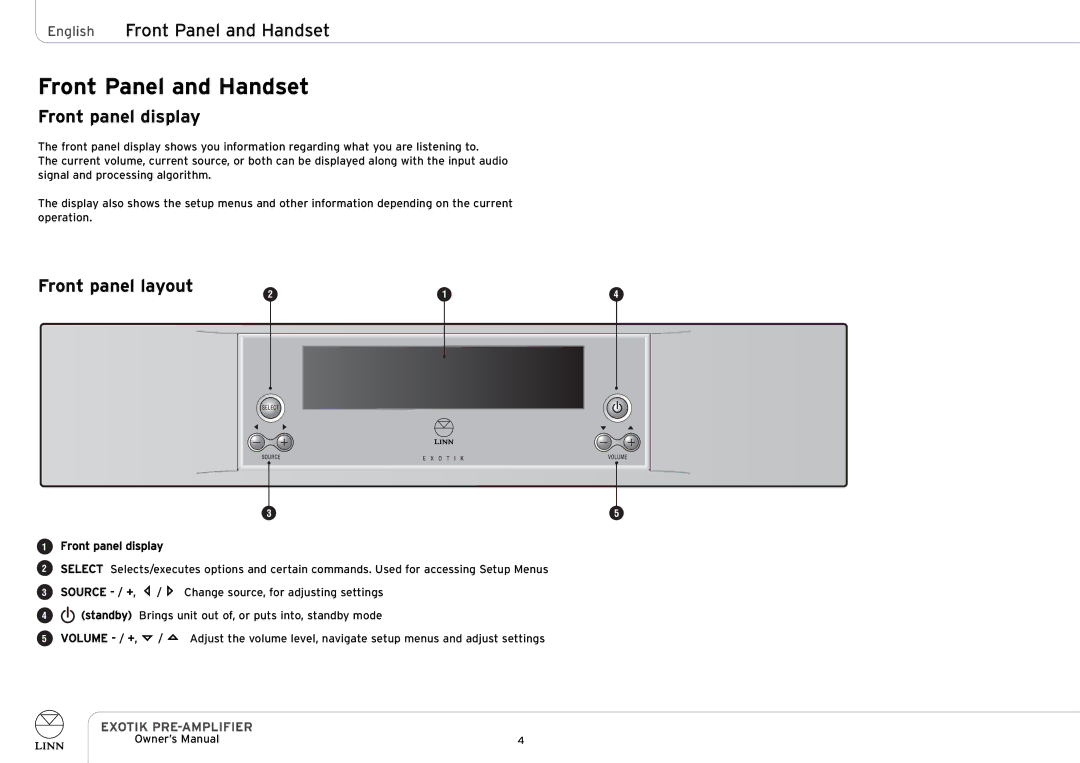 Linn PRE-AMPLIFIER owner manual English Front Panel and Handset, Front panel display 