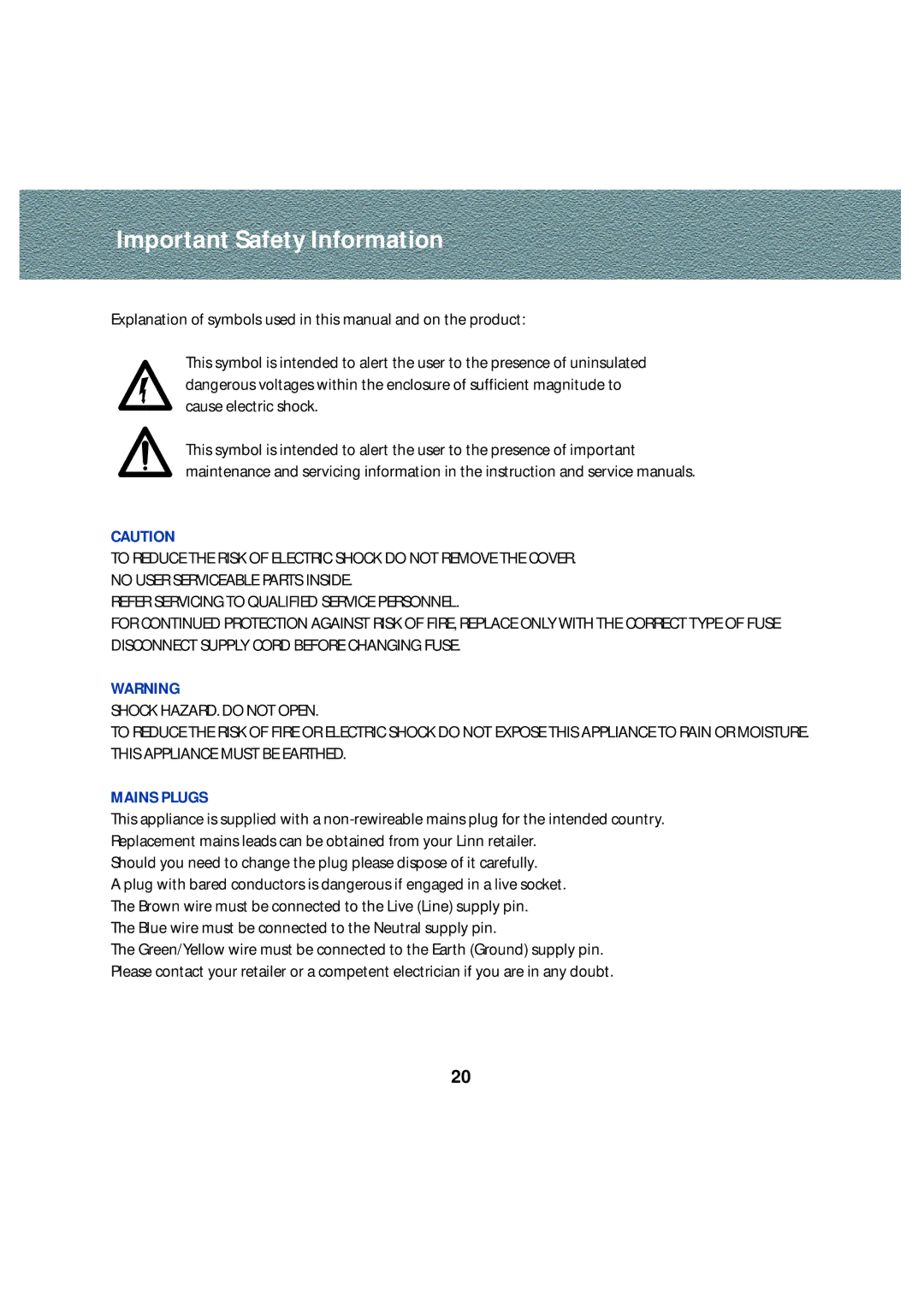 Linn Stereo Pre-Amplifier owner manual Important Safety Information, Mains Plugs 