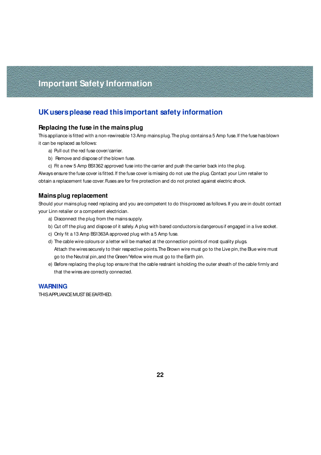 Linn Stereo Pre-Amplifier owner manual UK users please read this important safety information 