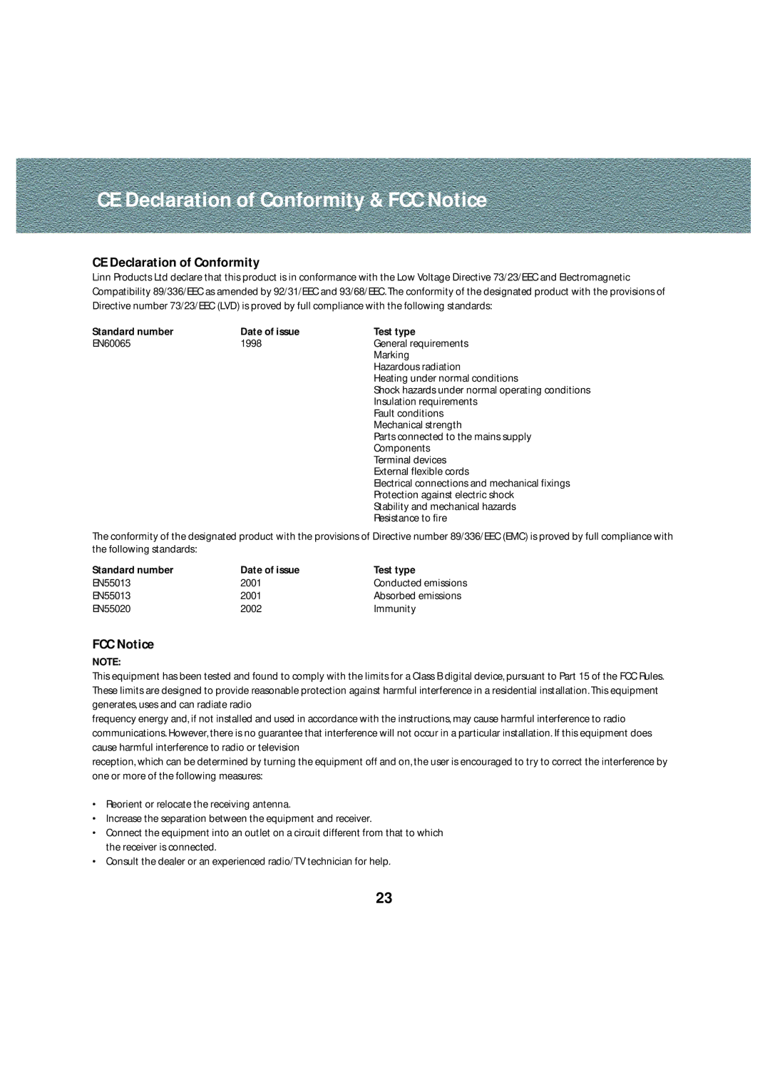 Linn Stereo Pre-Amplifier owner manual CE Declaration of Conformity & FCC Notice 