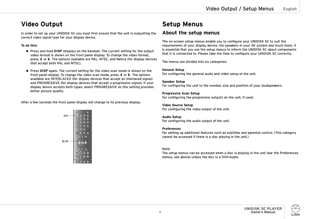 Linn UNIDISK SC PLAYER owner manual Video Output, Setup Menus, About the setup menus 