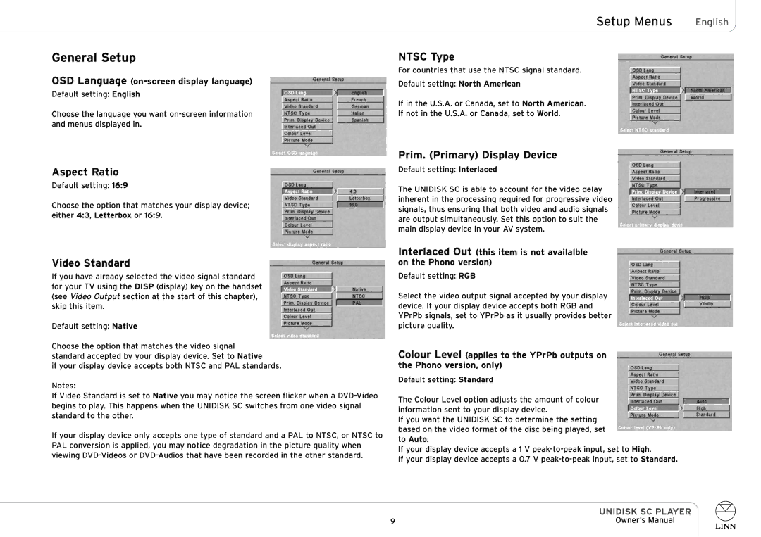 Linn UNIDISK SC PLAYER owner manual General Setup, Ntsc Type, Aspect Ratio, Video Standard, Prim. Primary Display Device 