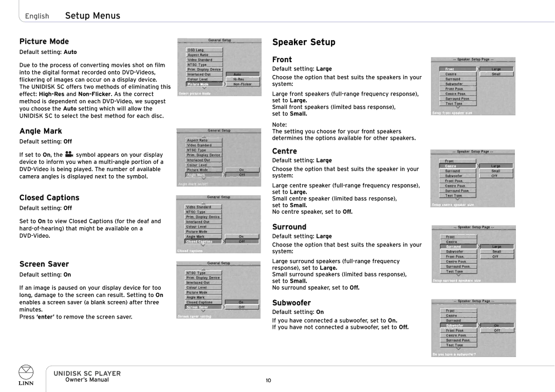 Linn UNIDISK SC PLAYER owner manual English Setup Menus, Speaker Setup 