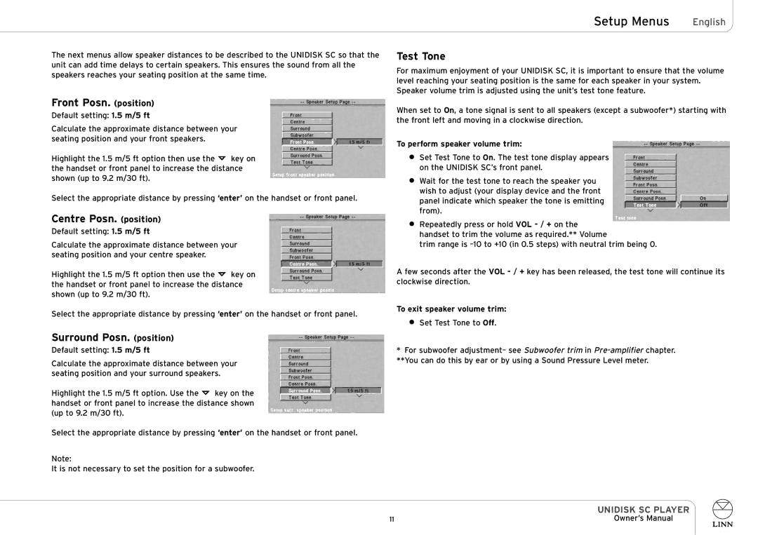 Linn UNIDISK SC PLAYER owner manual Front Posn. position, Centre Posn. position, Surround Posn. position, Test Tone 