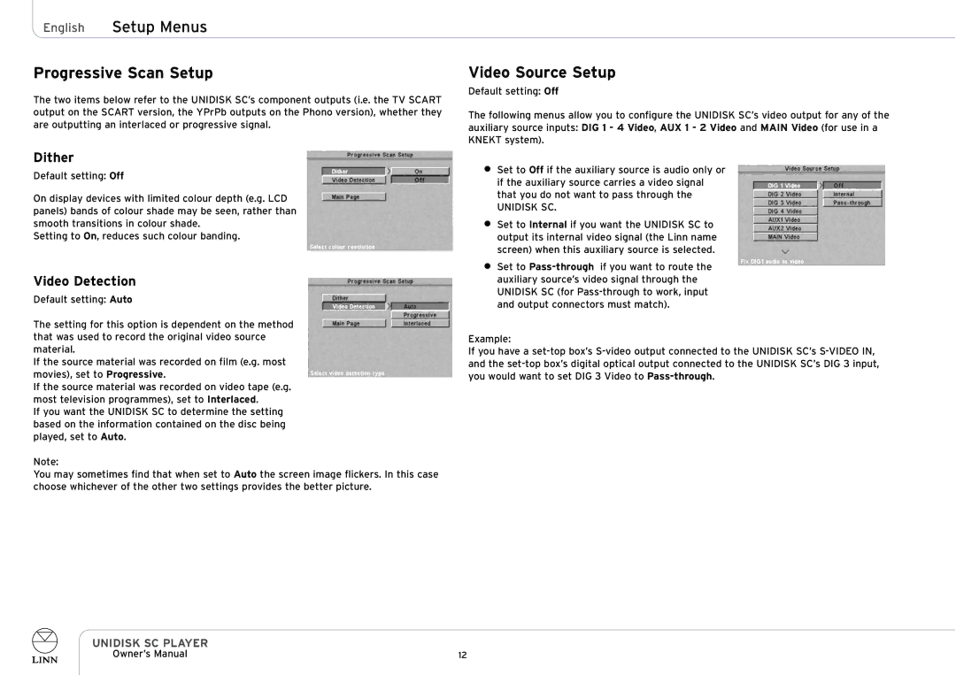 Linn UNIDISK SC PLAYER owner manual Progressive Scan Setup, Video Source Setup, Dither, Video Detection 