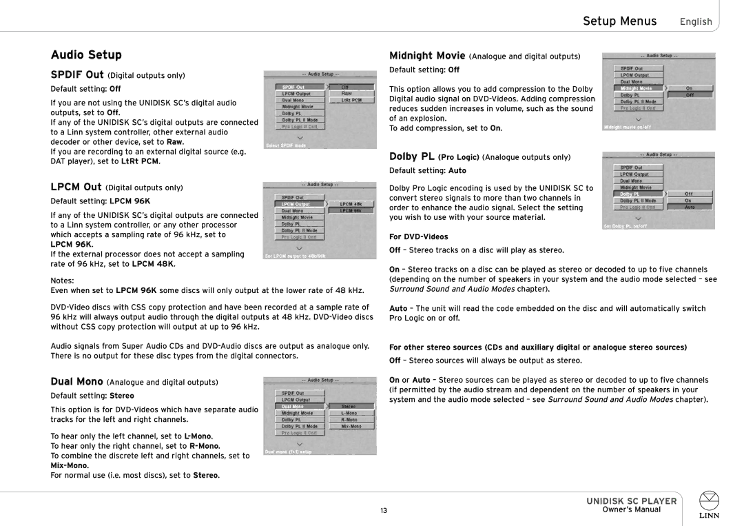 Linn UNIDISK SC PLAYER owner manual Audio Setup, Mix-Mono, For DVD-Videos 