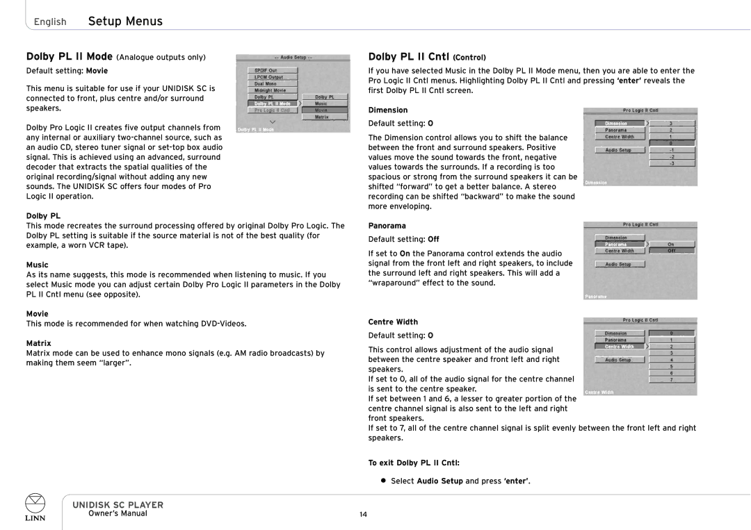 Linn UNIDISK SC PLAYER owner manual Dolby PL II Cntl Control 