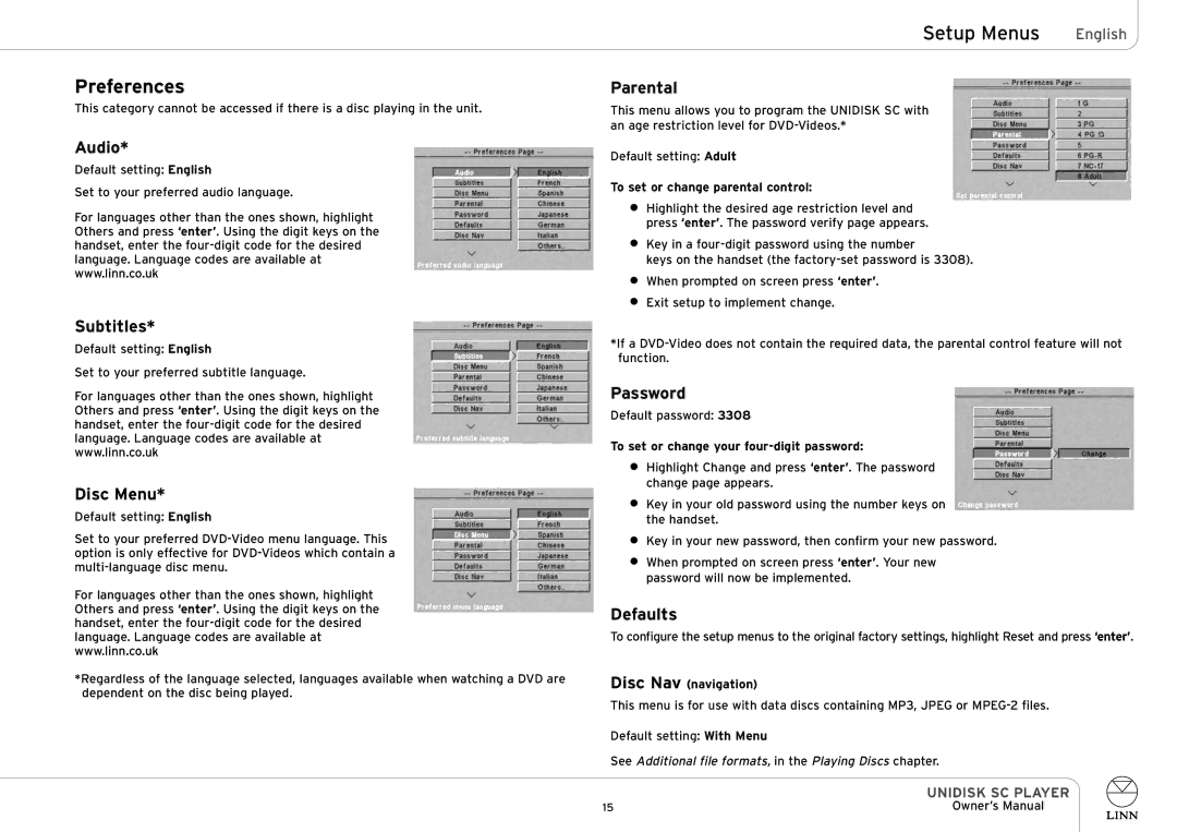 Linn UNIDISK SC PLAYER owner manual Preferences 