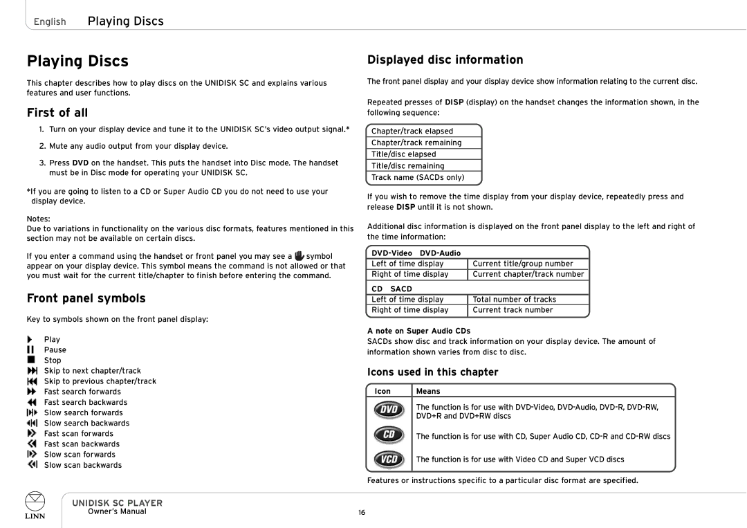 Linn UNIDISK SC PLAYER English Playing Discs, First of all, Front panel symbols, Displayed disc information 