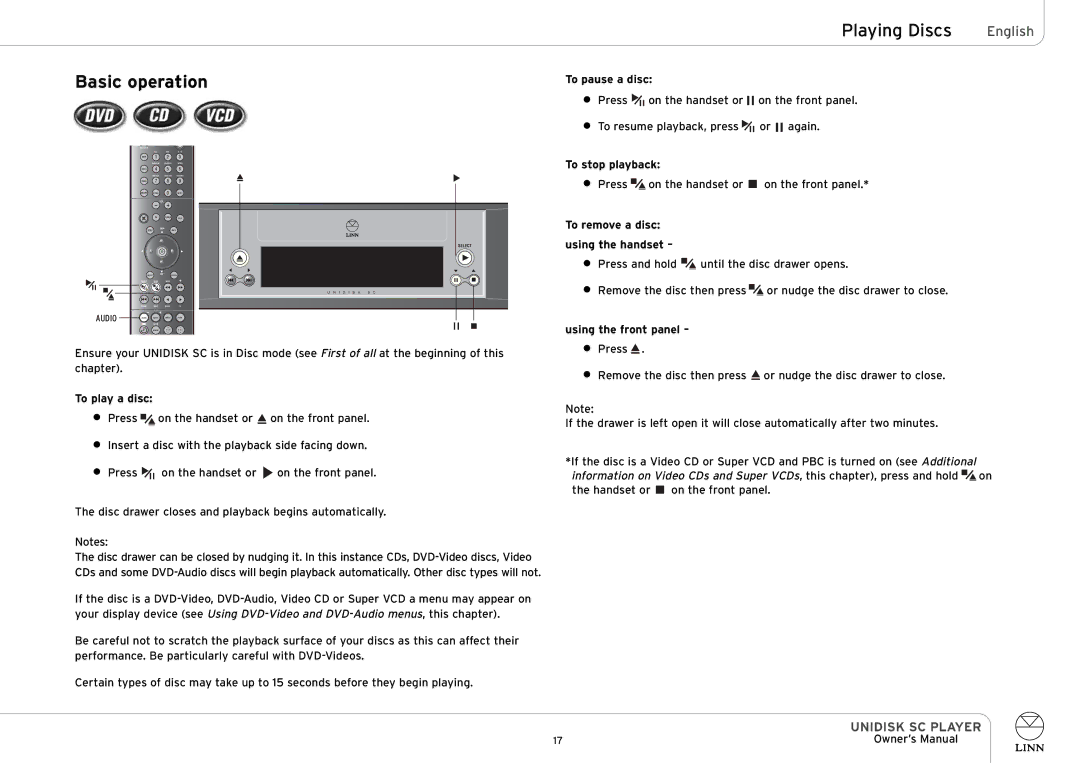 Linn UNIDISK SC PLAYER owner manual Basic operation 