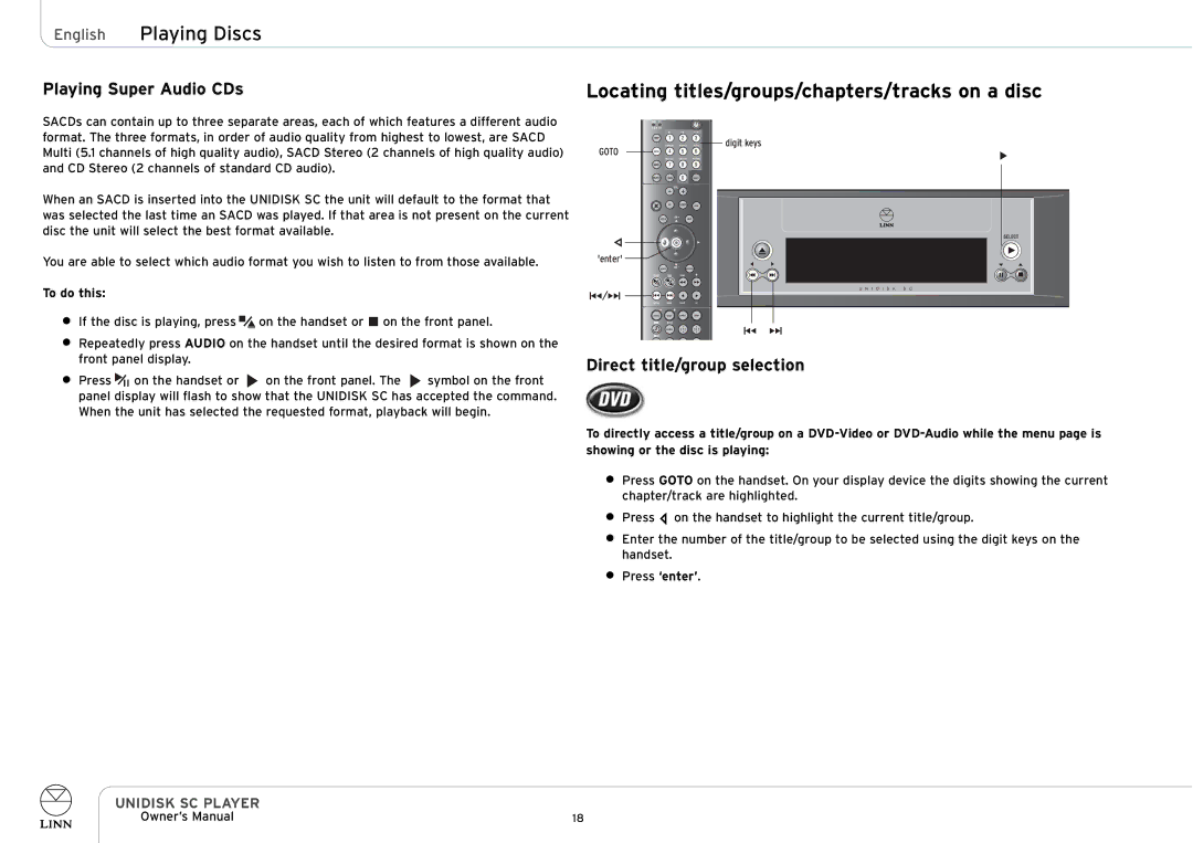 Linn UNIDISK SC PLAYER owner manual Playing Super Audio CDs, Direct title/group selection 