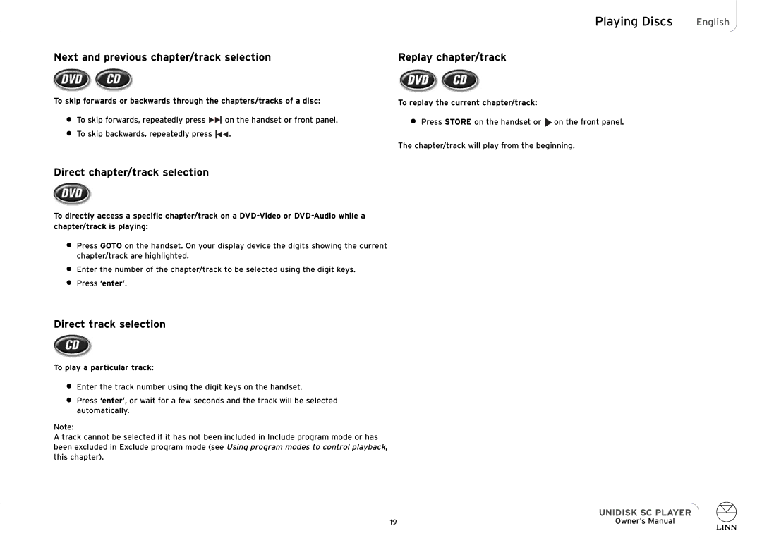 Linn UNIDISK SC PLAYER Direct chapter/track selection, Direct track selection, To replay the current chapter/track 