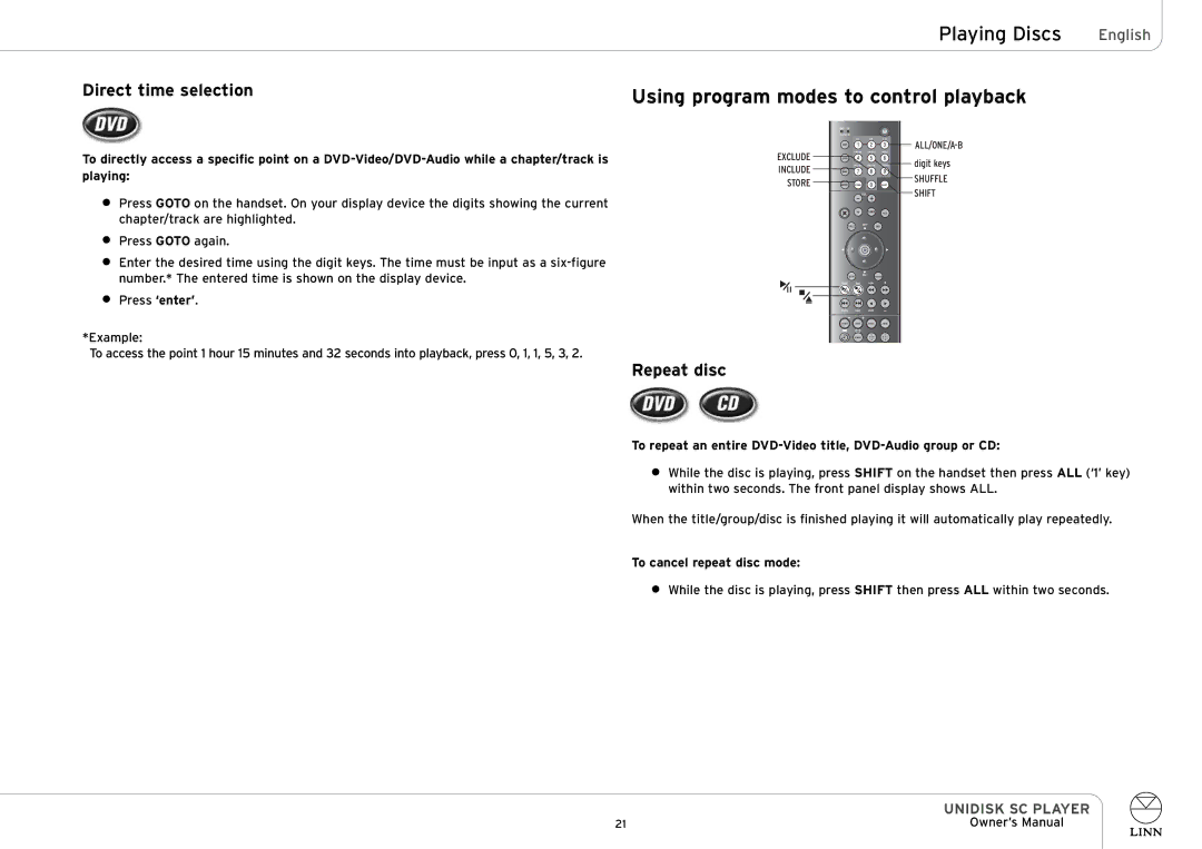 Linn UNIDISK SC PLAYER owner manual Using program modes to control playback, Direct time selection, Repeat disc 