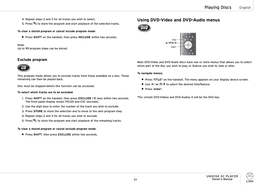 Linn UNIDISK SC PLAYER owner manual Using DVD-Video and DVD-Audio menus, Exclude program 