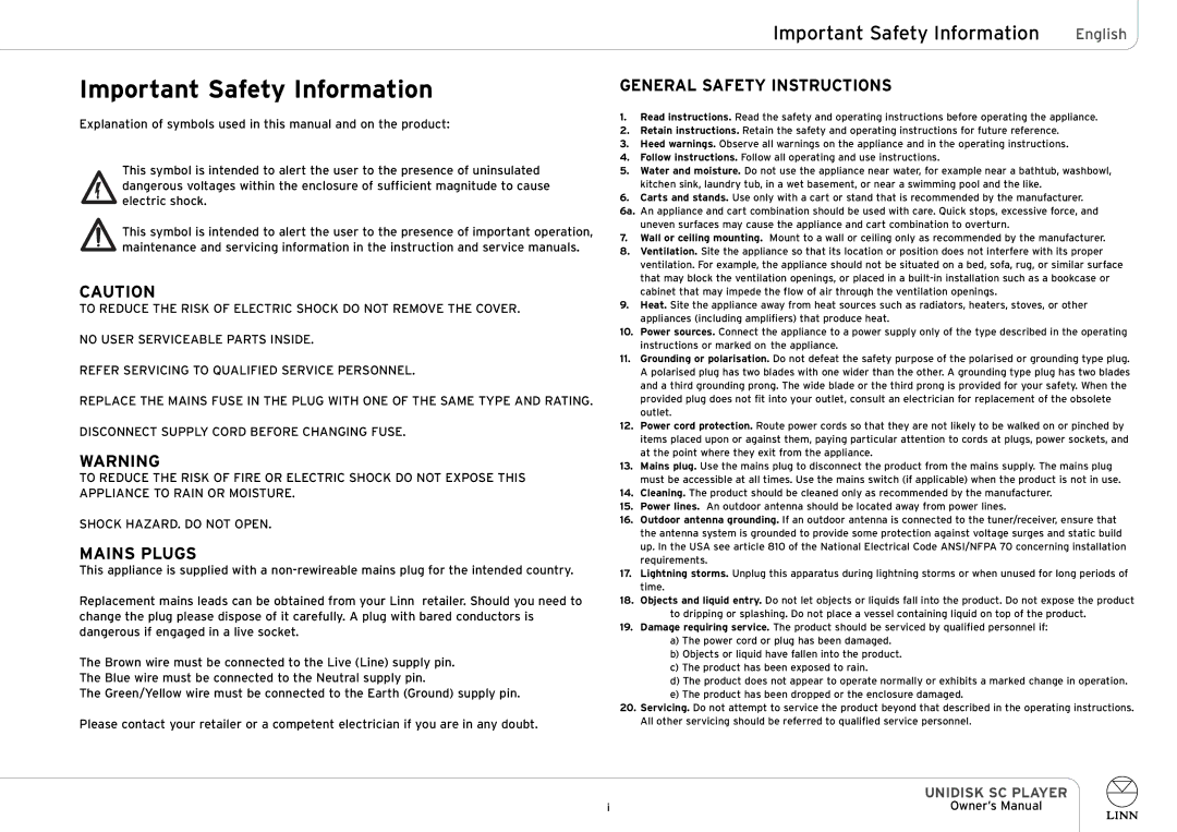 Linn UNIDISK SC PLAYER owner manual Important Safety Information, Mains Plugs 