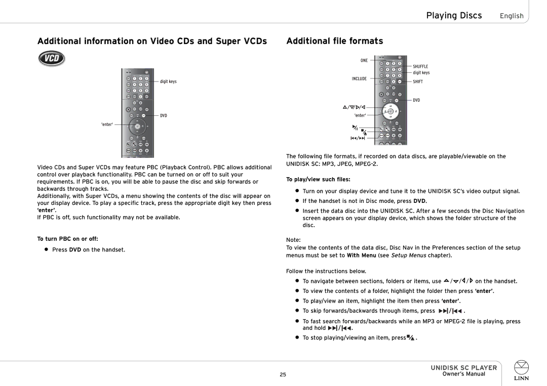 Linn UNIDISK SC PLAYER Additional information on Video CDs and Super VCDs, Additional file formats, To turn PBC on or off 