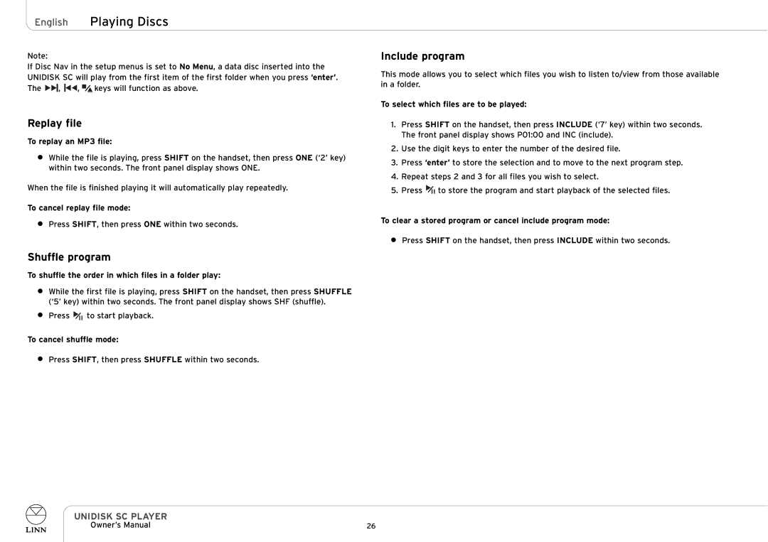 Linn UNIDISK SC PLAYER owner manual Replay file, To replay an MP3 file, To cancel replay file mode 