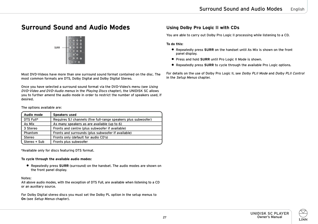 Linn UNIDISK SC PLAYER owner manual Surround Sound and Audio Modes English, Using Dolby Pro Logic II with CDs 