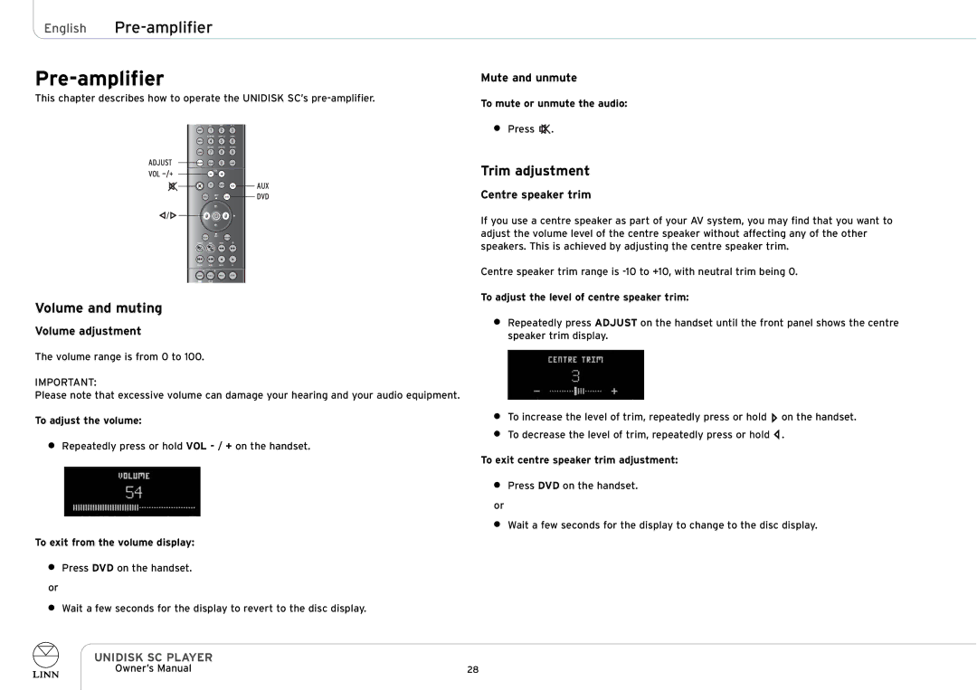 Linn UNIDISK SC PLAYER owner manual English Pre-amplifier, Volume and muting, Trim adjustment 