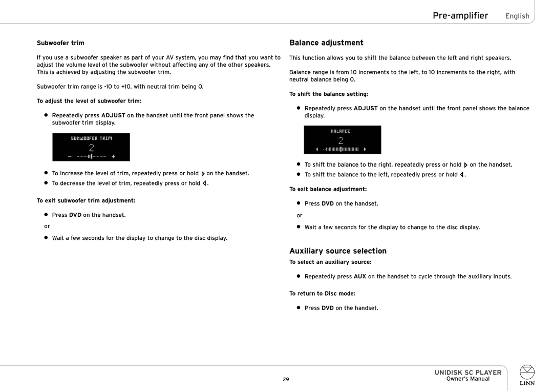 Linn UNIDISK SC PLAYER owner manual Pre-amplifier English, Balance adjustment, Auxiliary source selection 